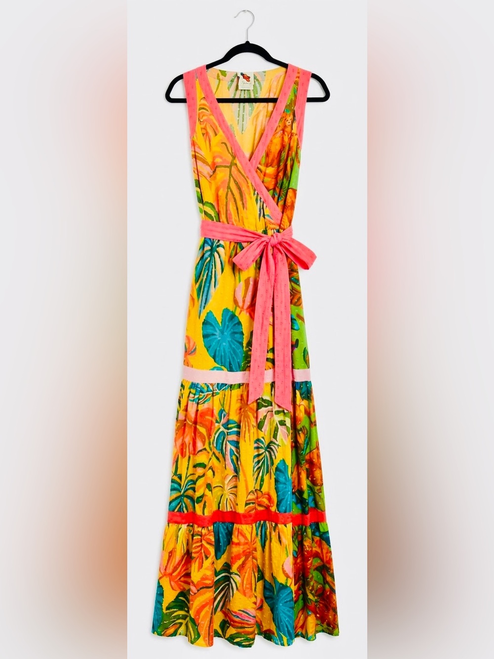 Anthropologie Yellow Tropical Maxi Dress with Pink Tie